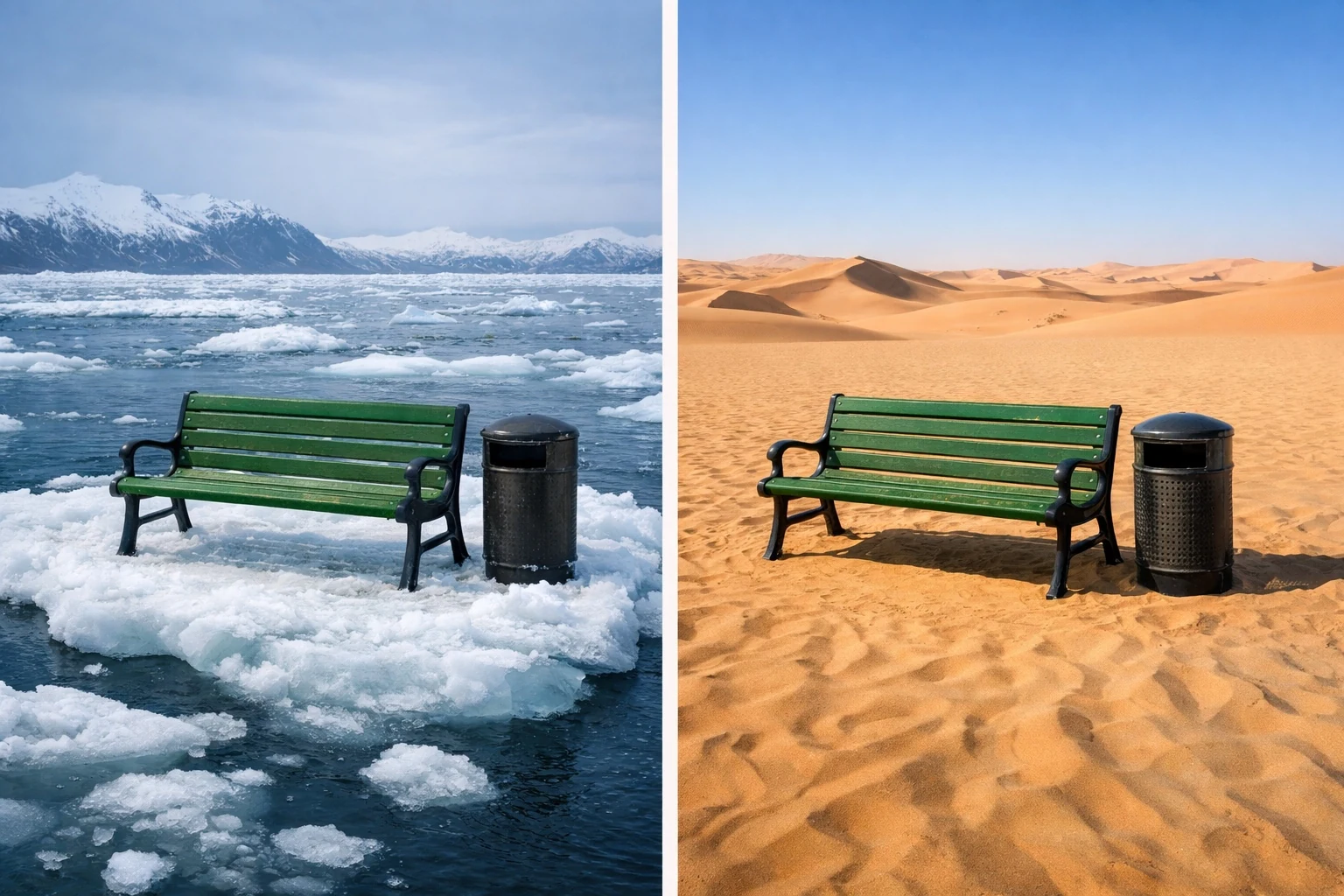 The same green bench placed in ice and desert landscapes