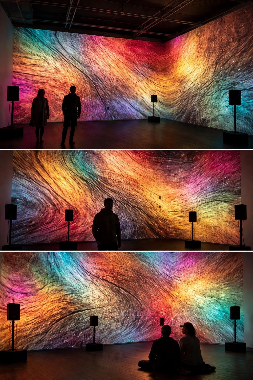 Colour refractions moving through an industrial interior
