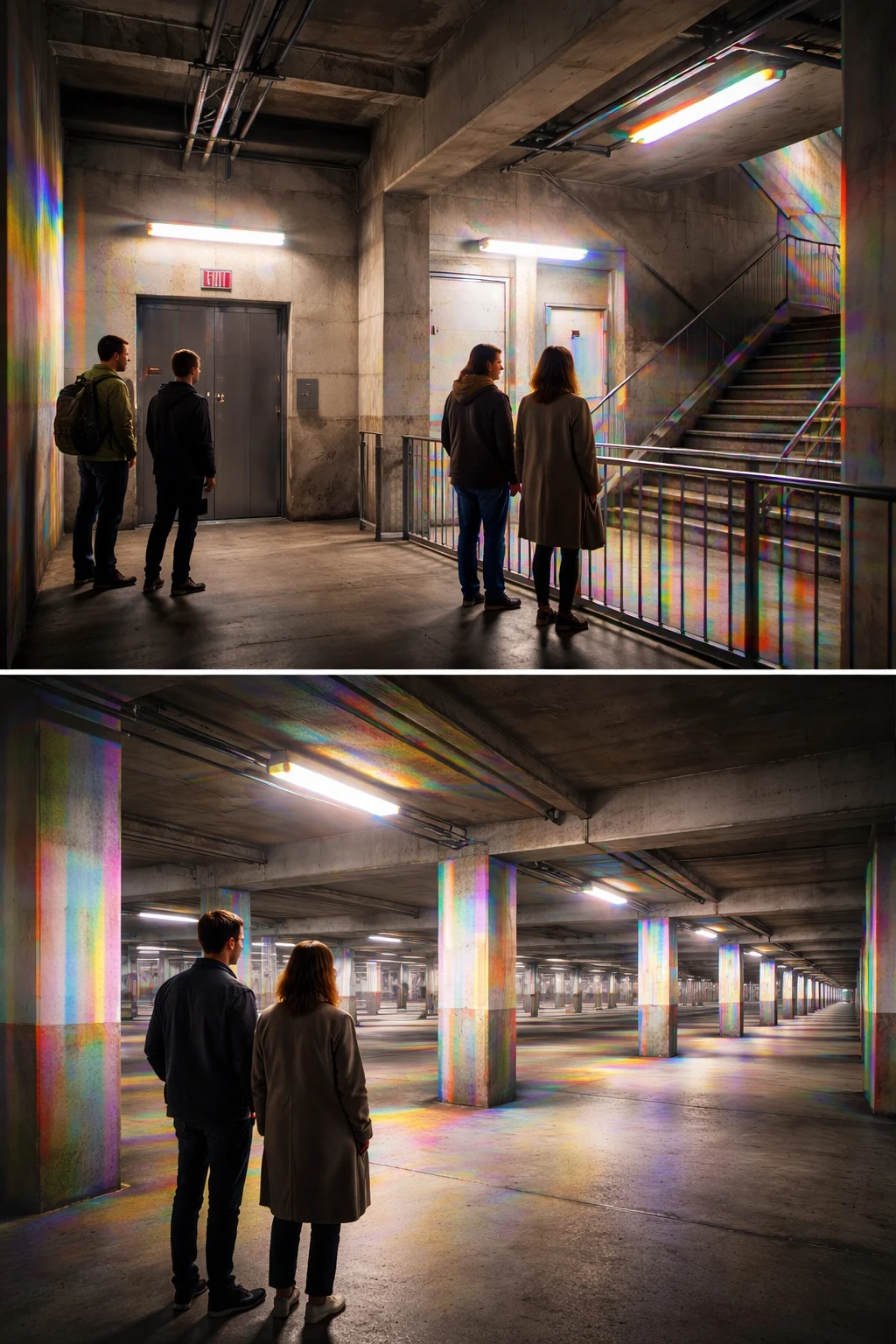 Spectral light installation in an industrial stairwell and column hall