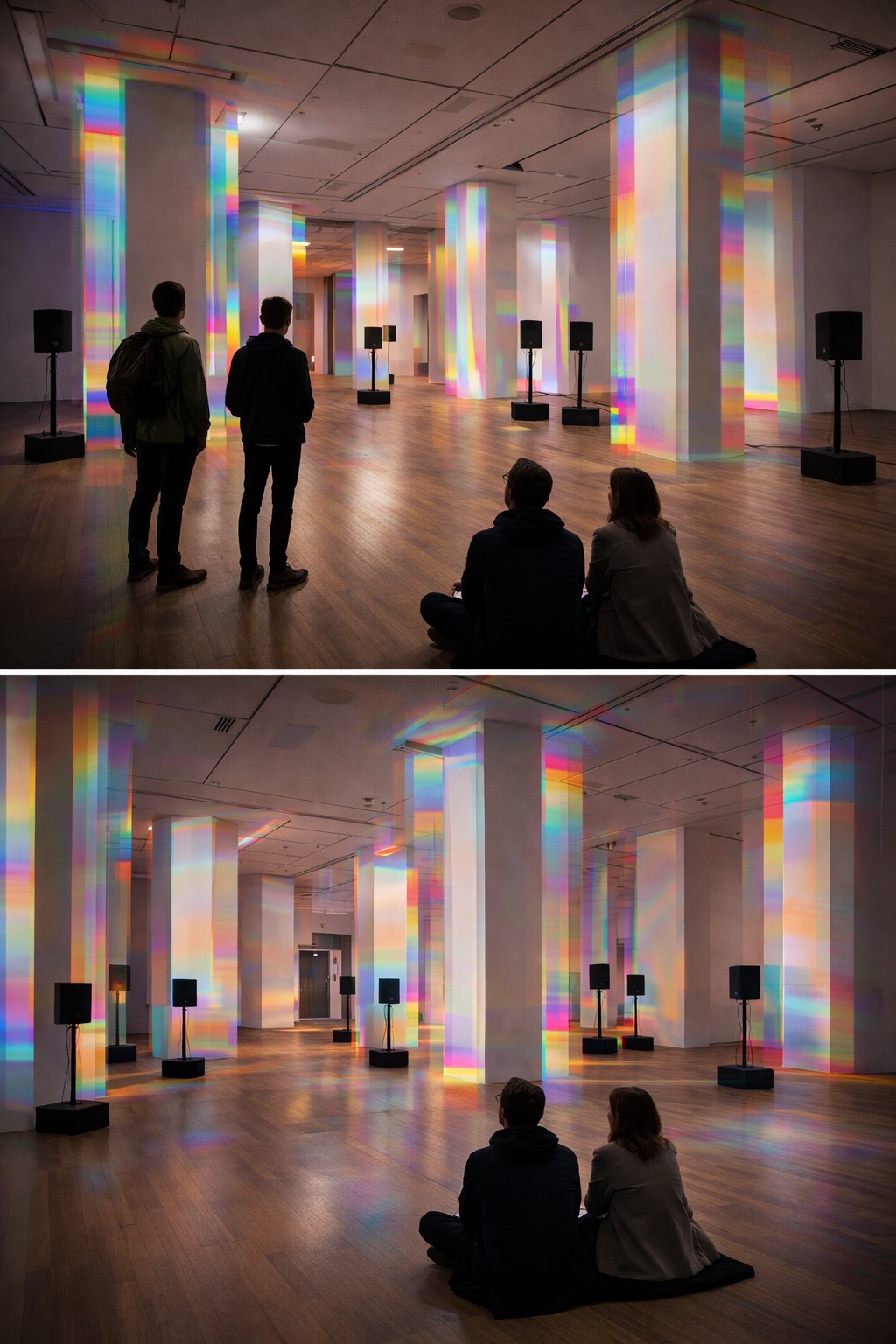 Sound and light installation with spectral light across gallery columns