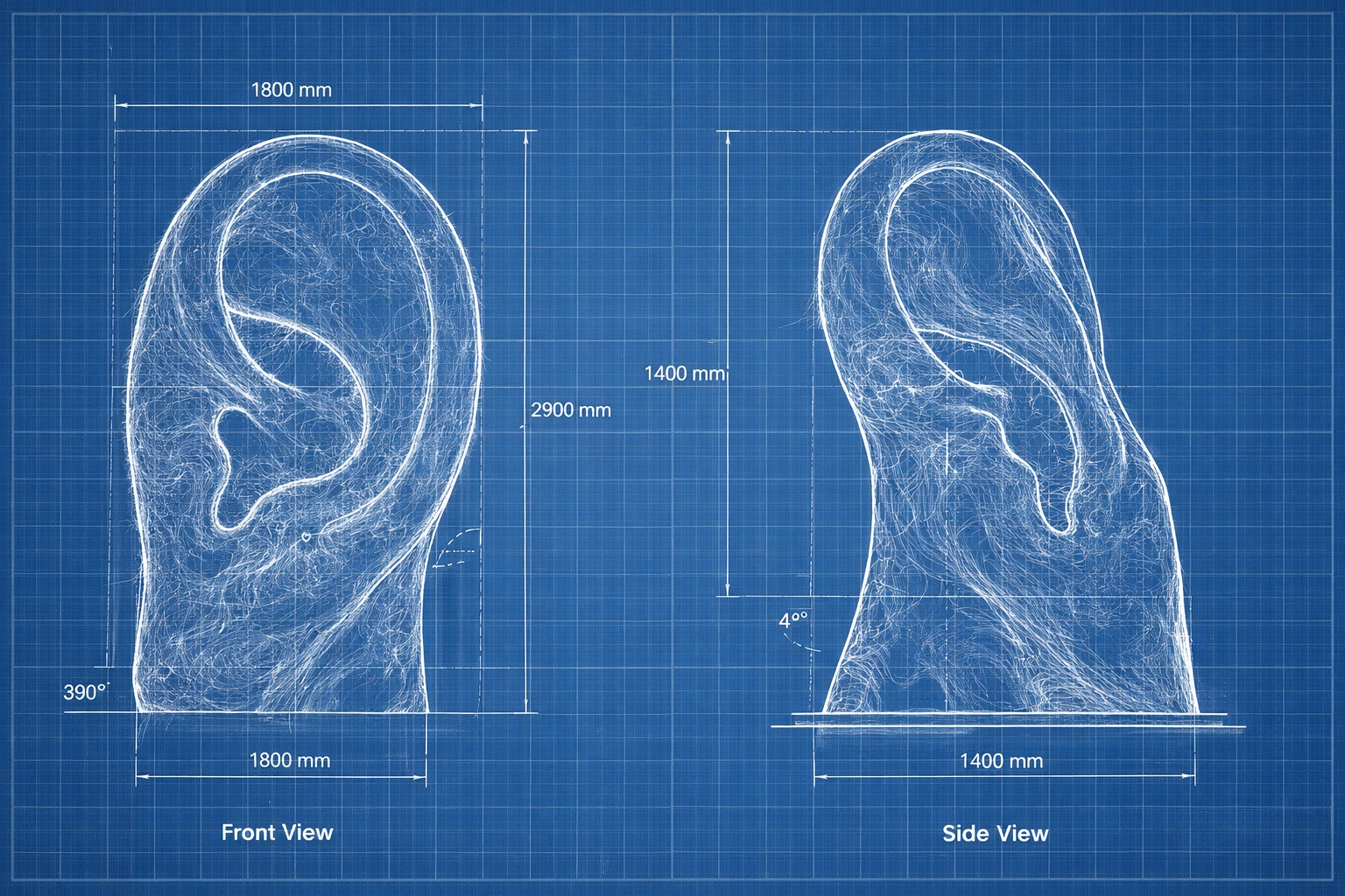 Blueprint drawing of a monumental ear