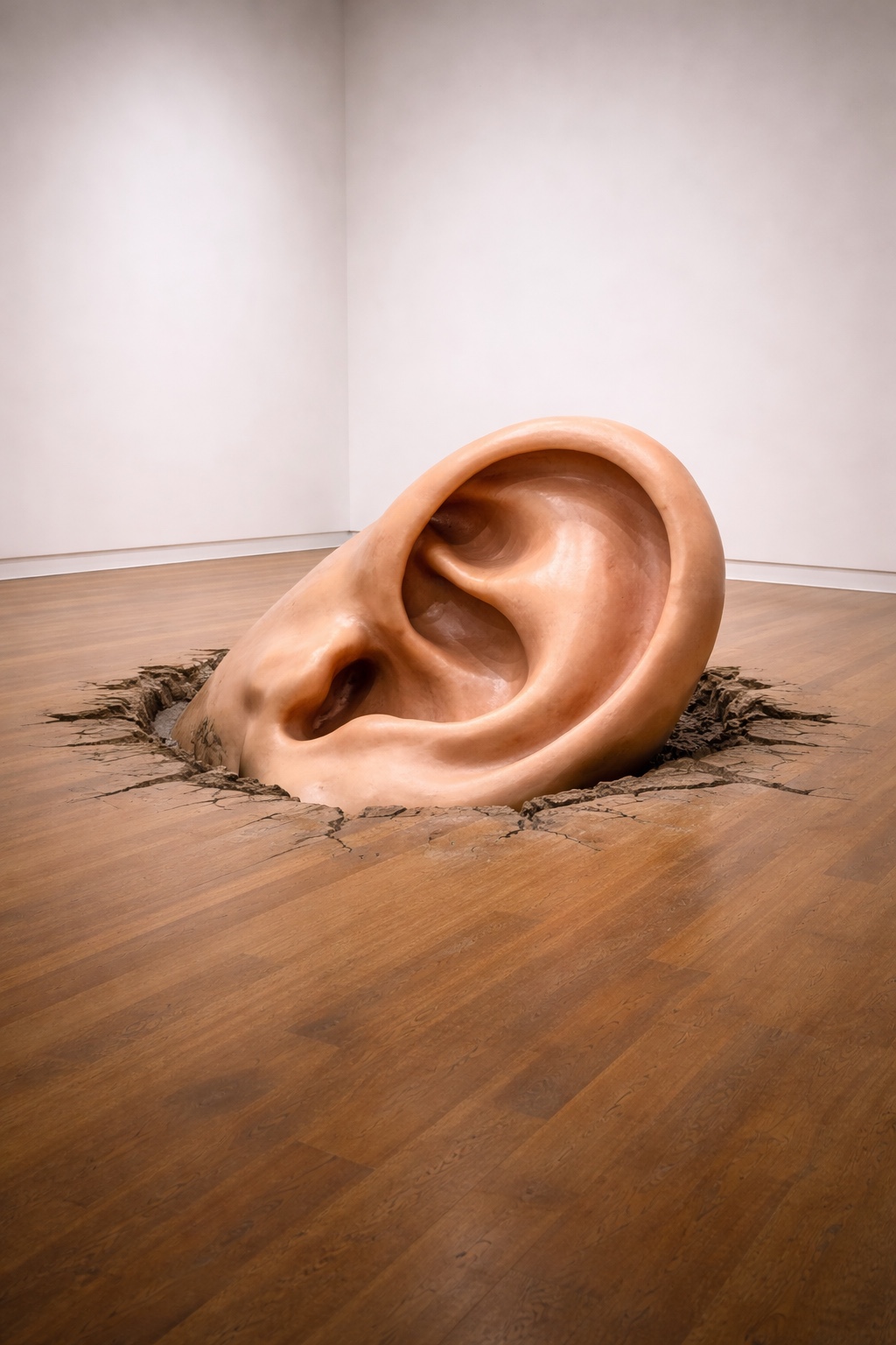 Ear emerging through a museum floor