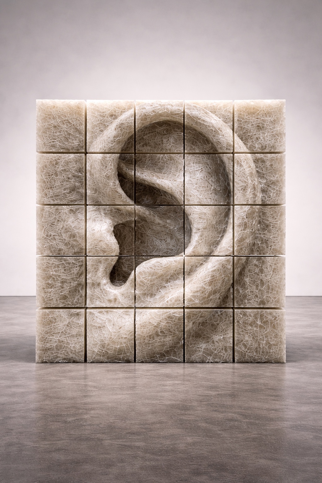 Ear sculpture divided into a grid of blocks
