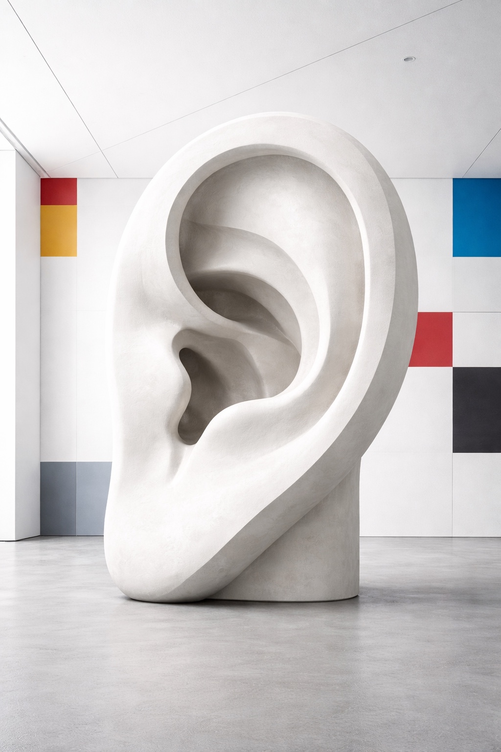 Monumental white ear sculpture in an architectural interior