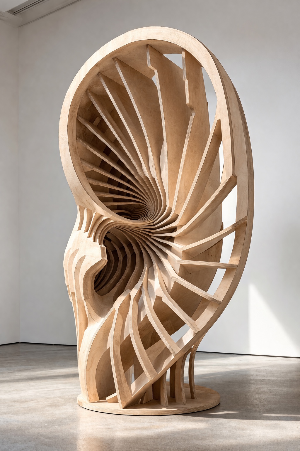 Parametric wooden ear sculpture built from ribs