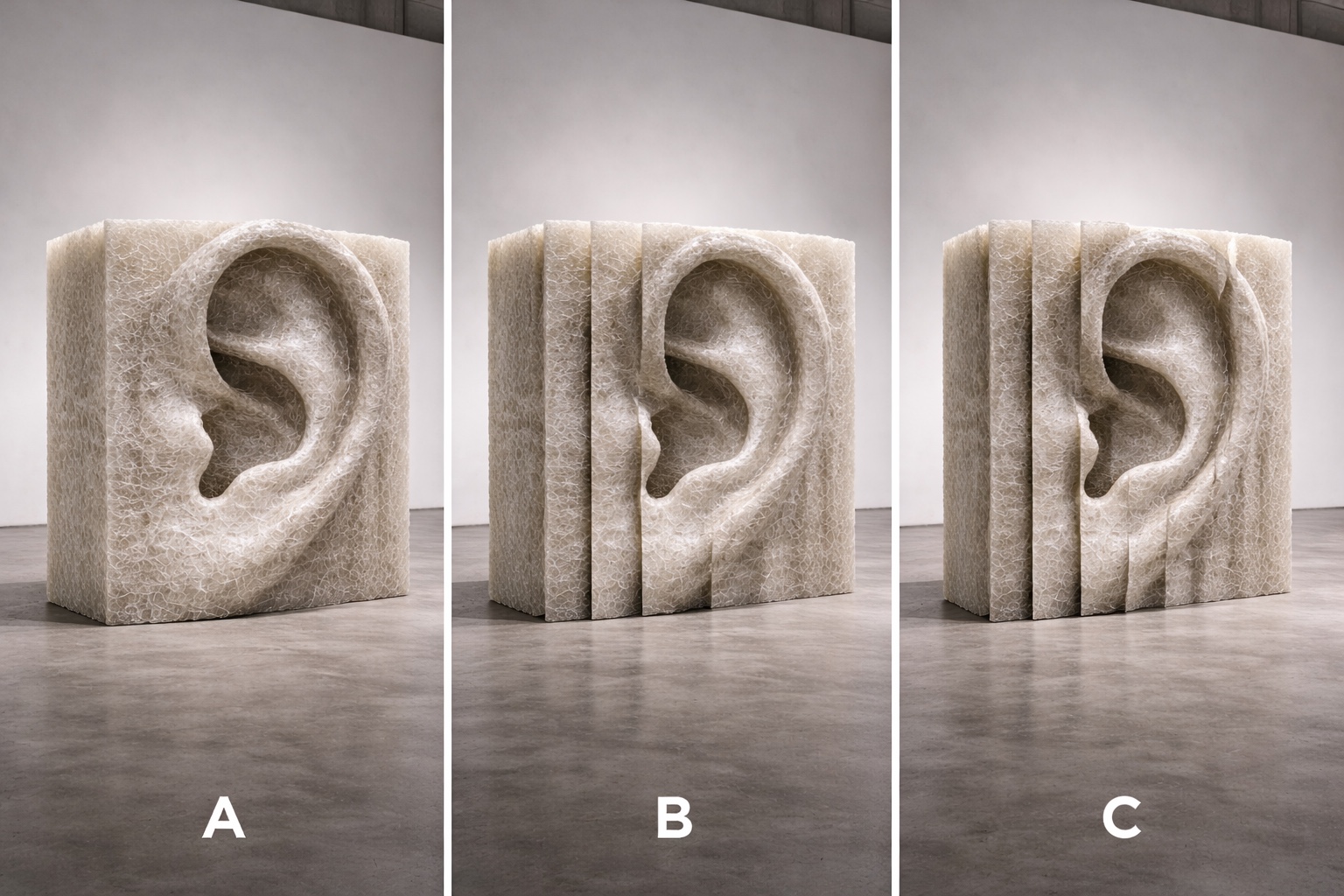 Three studies of an ear divided into vertical slices