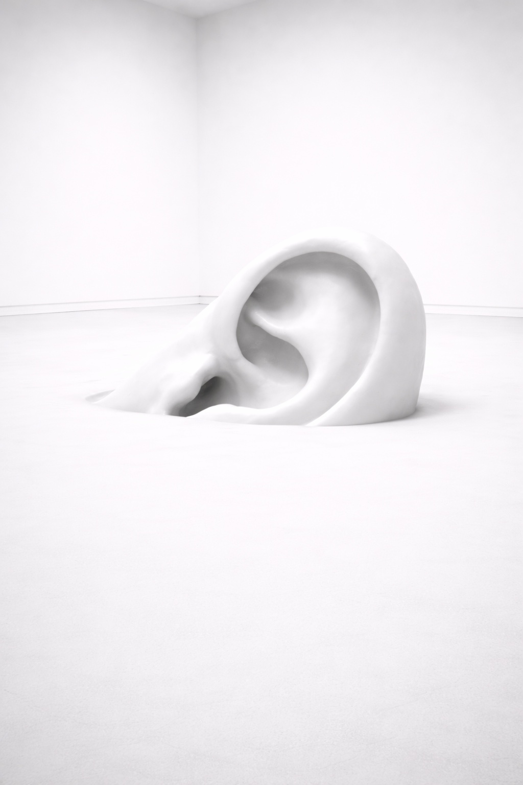 White ear sculpture partially submerged in a white gallery floor