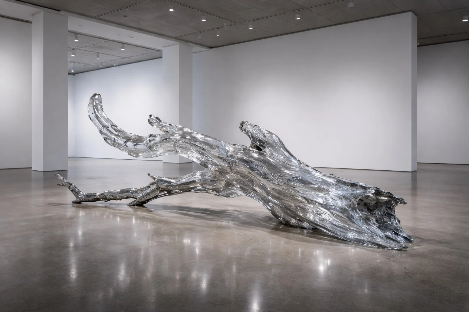 Transparent glass-like tree sculpture in a gallery