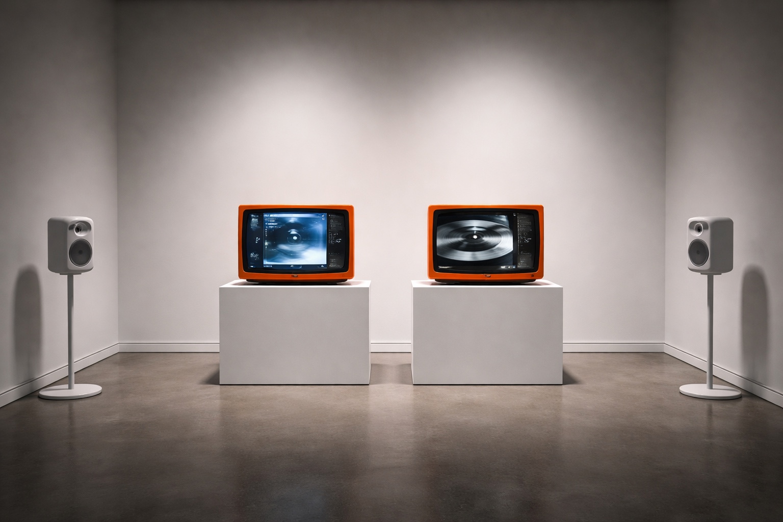 Two orange CRT monitors and loudspeakers in a gallery