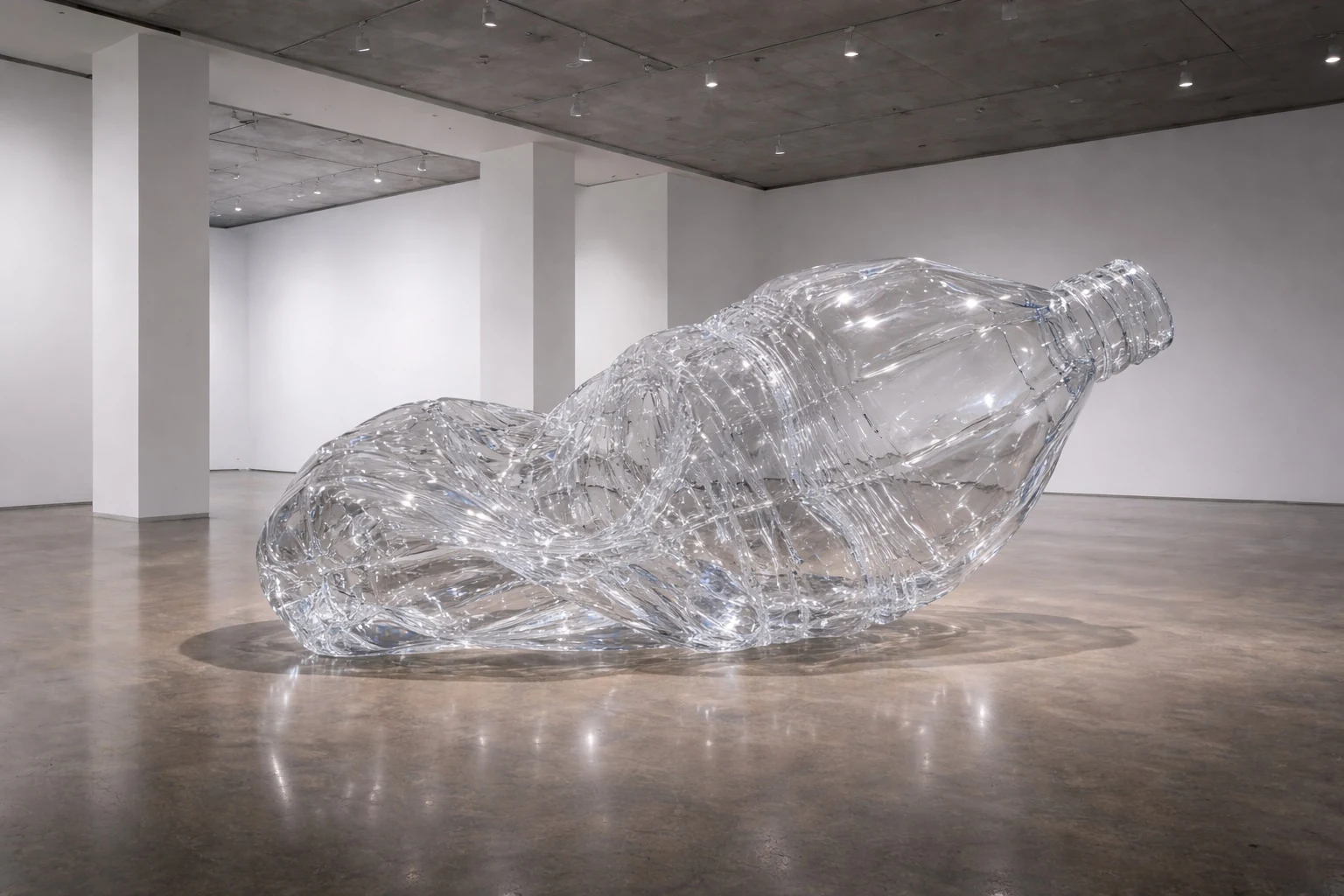 Collapsed transparent plastic bottle sculpture in a gallery